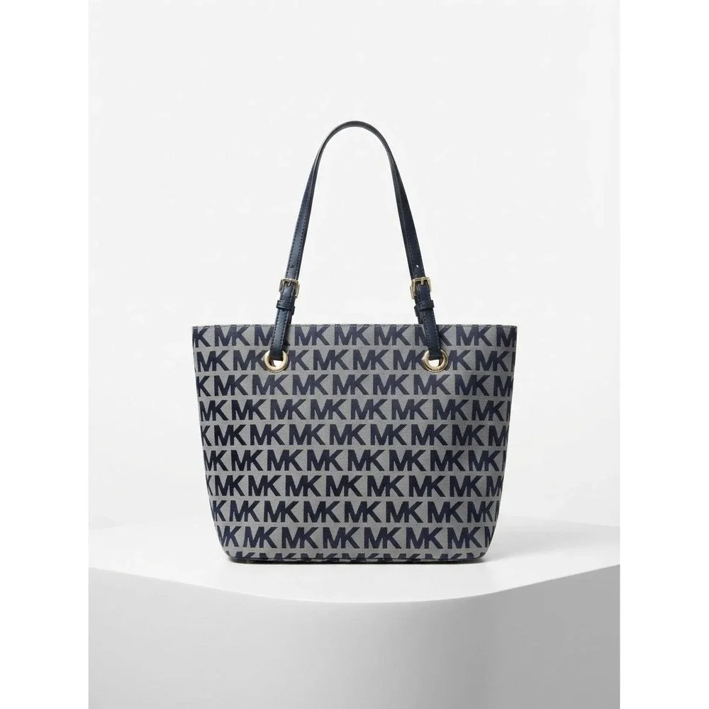 Michael Kors Women Tote Large Navy Canvas Voyager Monogram Shoulder Bag